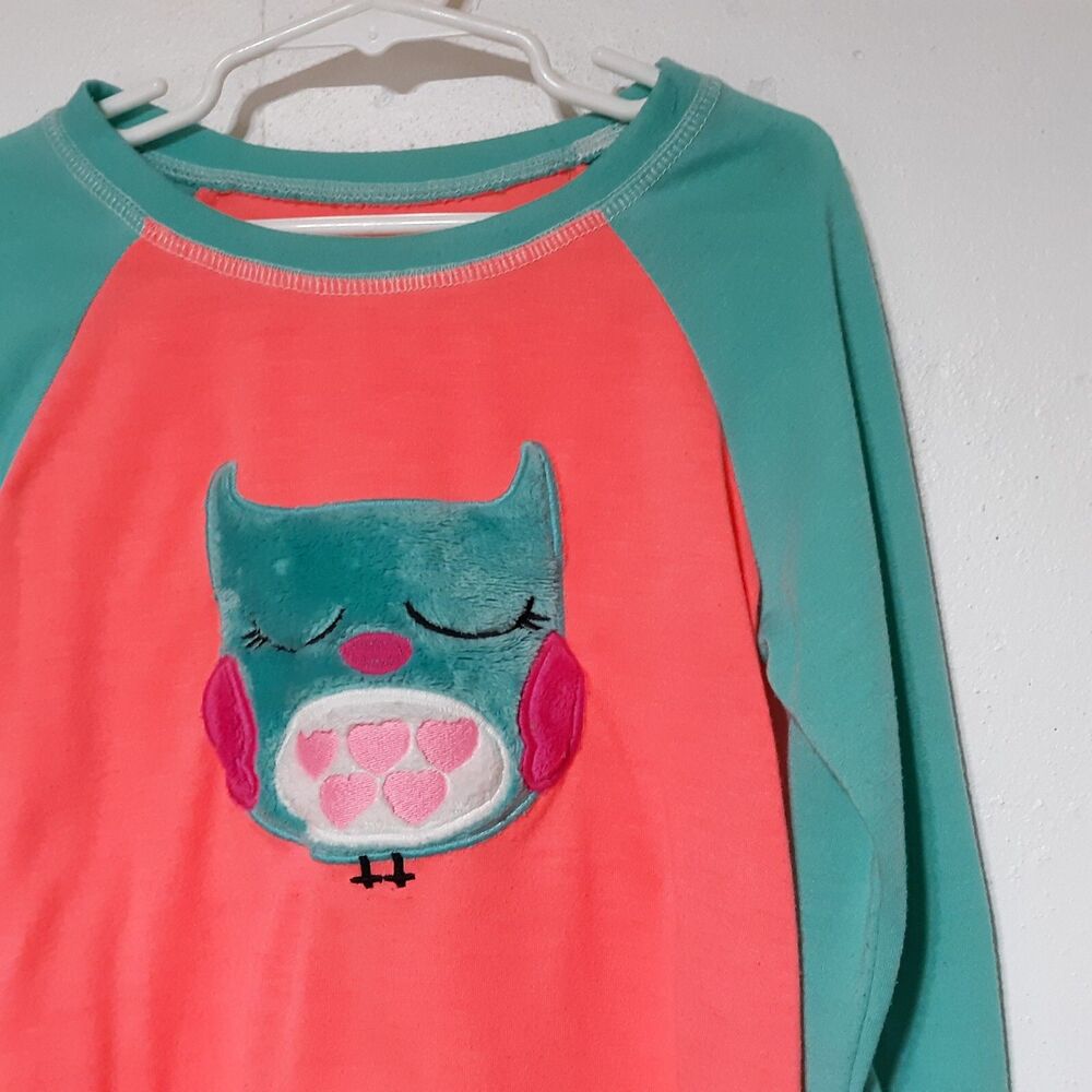 Owl Girls Pajama Top Shirt Medium 7/8 Pink Turquoise Blue Fuzzy Sleepwear Animal - Picture 3 of 9